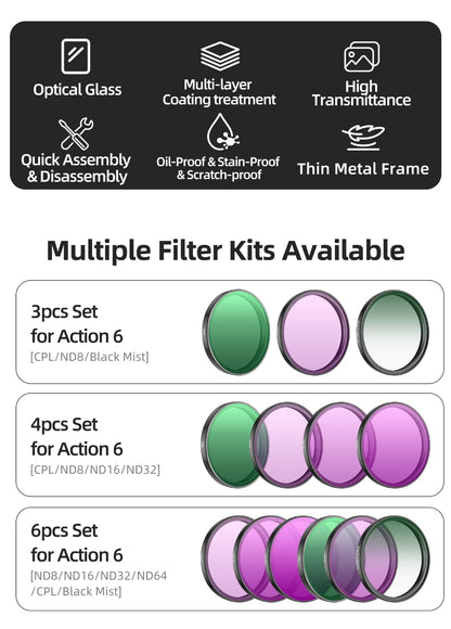  DJI Action 6 Multi-Coated German Glass, Premium ND Filters 6 in 1 Set